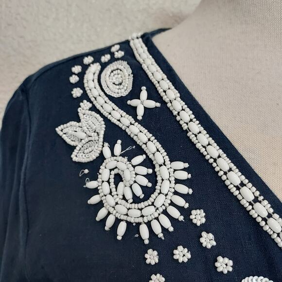 Charter Club Linen Luxury Blue Beaded Blouse Size LP - Picture 5 of 11